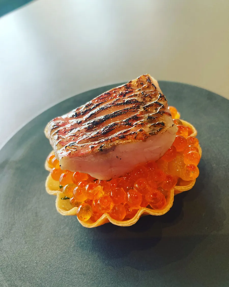 Glazed salmon with trout roe